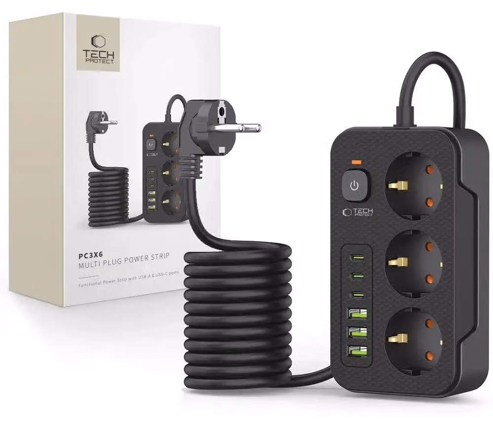 Tech-Protect Pc3X6 Striscia di alimentazione 3 Usb & 3 Tipo-C & 3 Prese 200Cm Nero