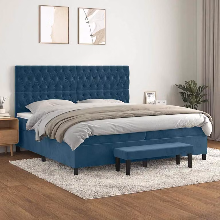 vidaXL Letto Ibrido con Giroletto a Molle e Materasso in Velluto Blu Scuro, L/P: 200 x 200 cm