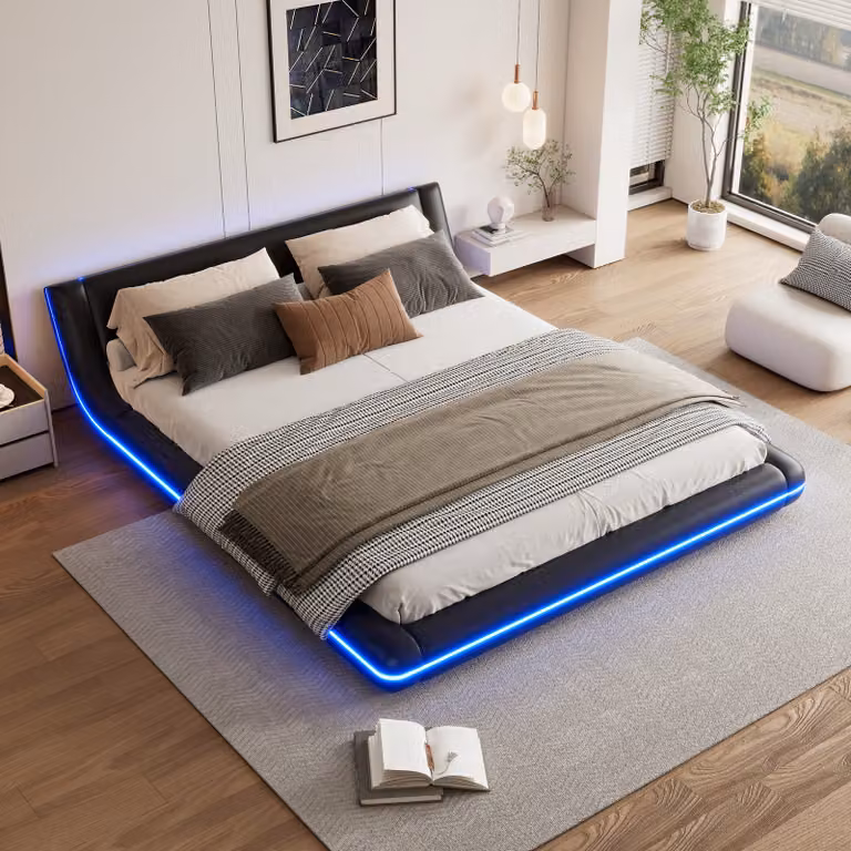 STILVORA Letto matrimoniale 160x200 cm Letto imbottito funzionale per ragazzi con illuminazione a LED, pratico letto a spigole, nero (con materasso)