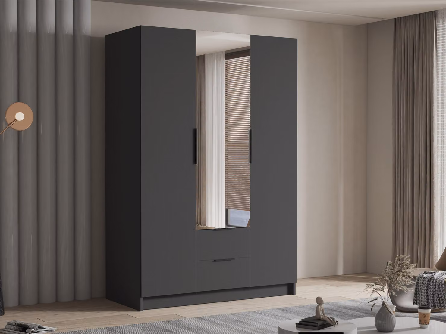 MIRJAN24 Armadio Calwi II 150, camera da letto, con specchio, armadio a battente, con asta appendiabiti, moderno, armadio, maniglie in metallo (colore: nero + nero)