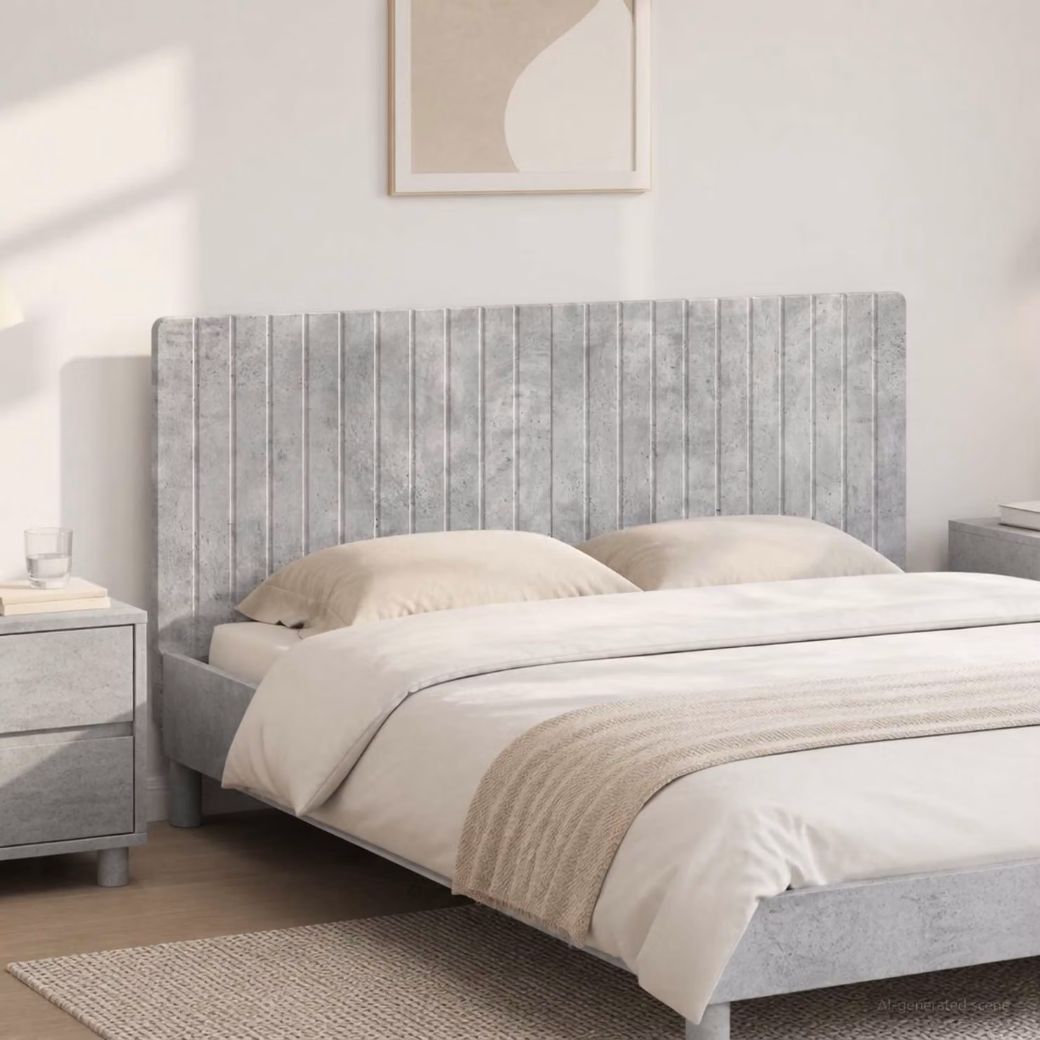 Testiera da muro vidaXL ZWOLLE moderna in legno ingegnerizzato con ripiano integrato, Grigio Cemento, L: 140 cm, H: 50 cm, P: 12,2 cm