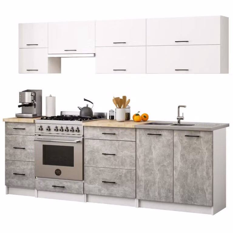 Set da cucina: sei cassetti, dieci ante, nove ripiani, colore: bianco cemento