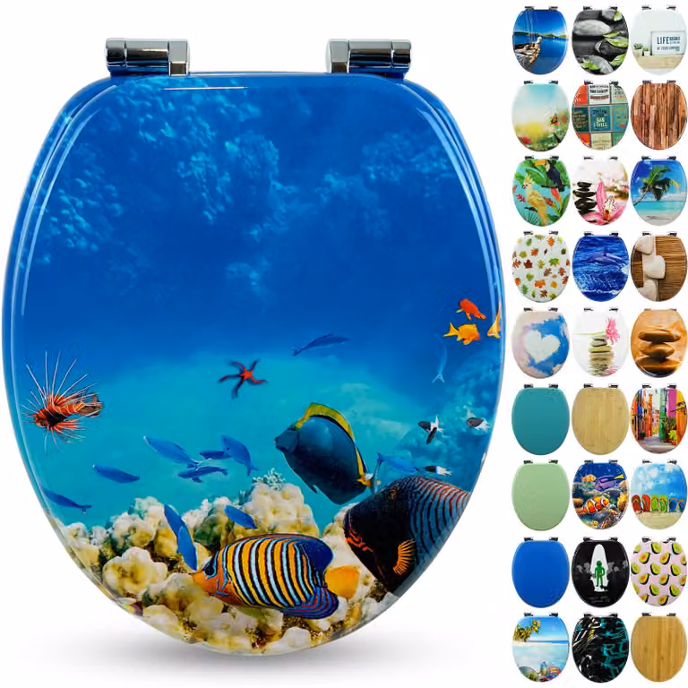 Sanfino® Sedile per WC "Coral Reef" di alta qualità, con sistema di chiusura rallentata, realizzato in legno, offre un elevato comfort e un montaggio semplice