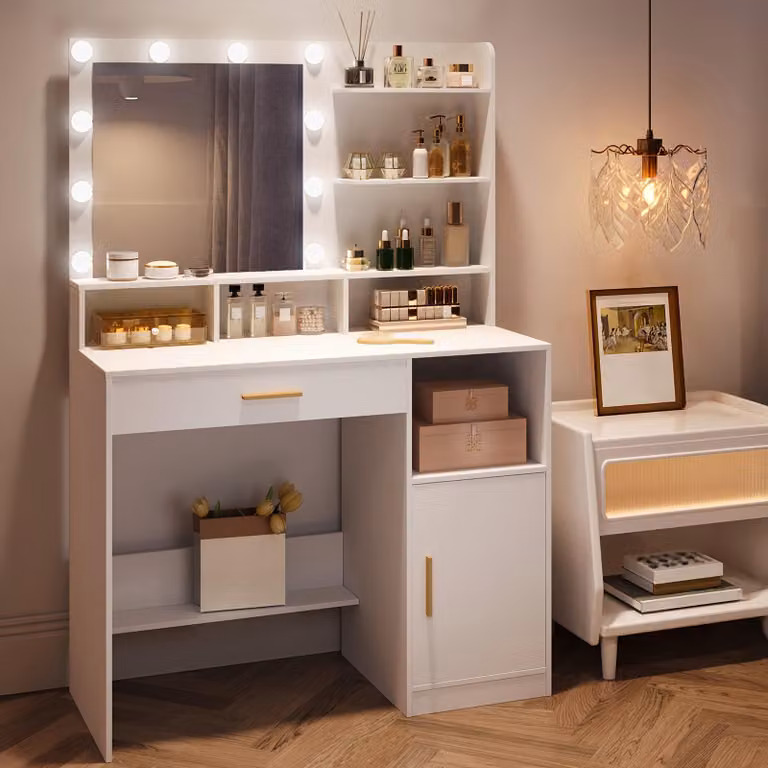 Comò elegante con specchio e illuminazione a LED – comò bianco con ripiani e cassetto