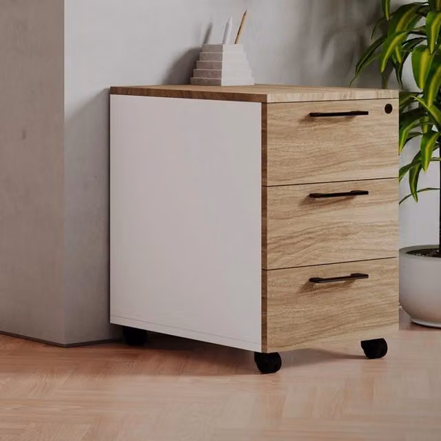 Cassettiera da ufficio 3 cassetti noce naturale e bianco frassinato Ibisco con ruote e serratura 40x55x58H