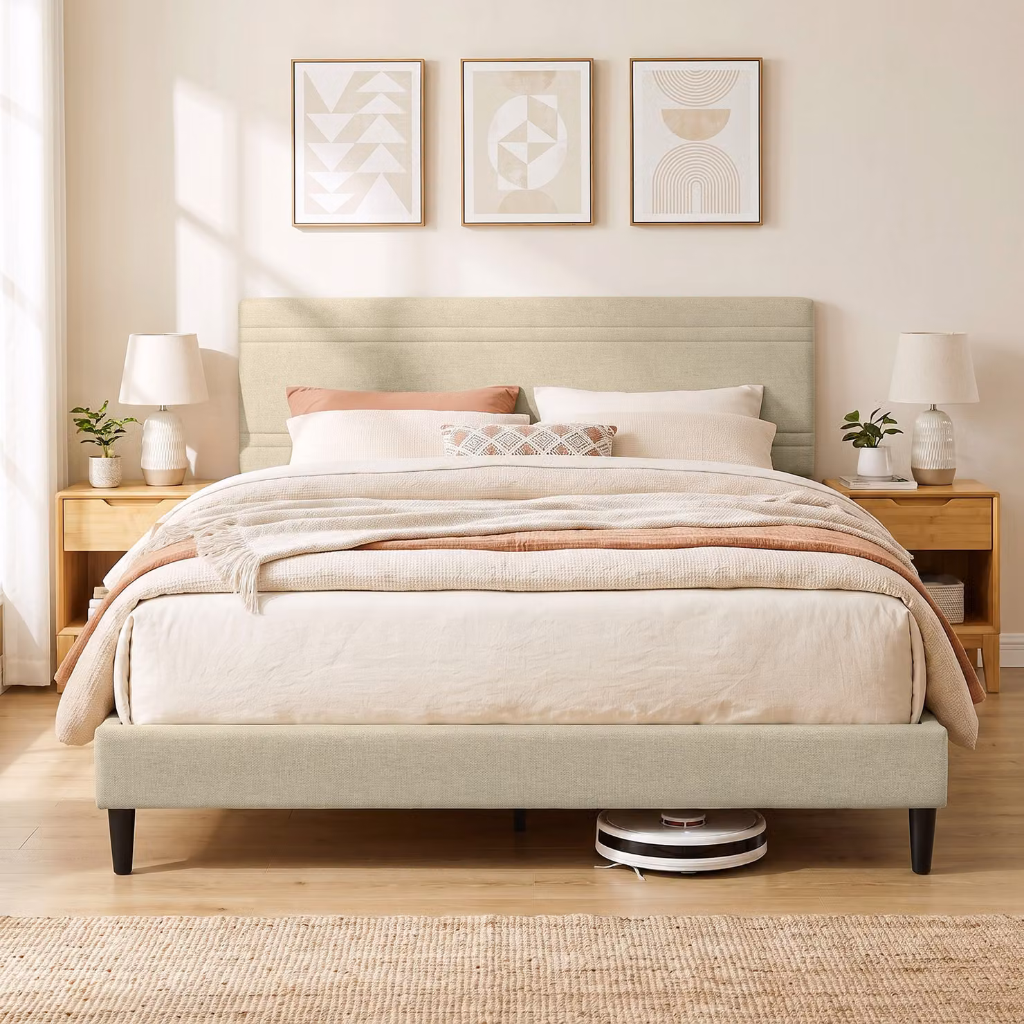 Struttura Letto Imbottita HOMCOM con Rete a Doghe in Legno, Rivestimento in Tessuto, Beige, L/P: 160 x 200 cm – 2