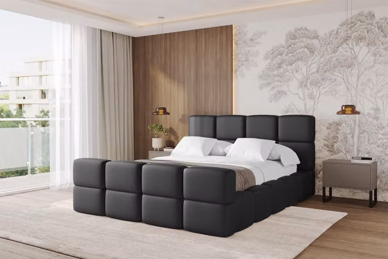 Letto imbottito ALTDECOR con contenitore - NATA-Z 180x200 Nero, letto con testiera, letto contenitore senza materasso, letto matrimoniale con spazio contenitivo