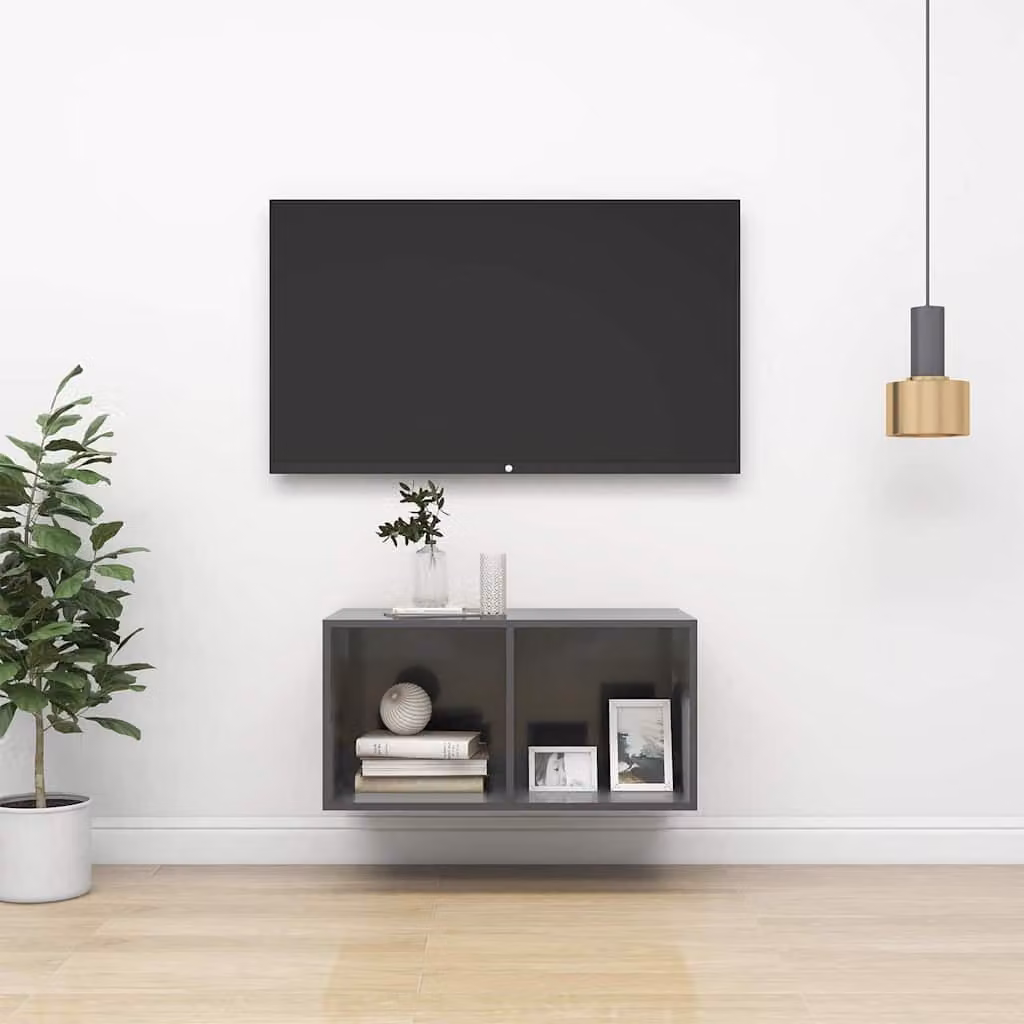 Mobile TV da parete vidaXL in legno multistrato e MDF, Grigio Lucido, L 37 cm x P 37 cm x H 72 cm
