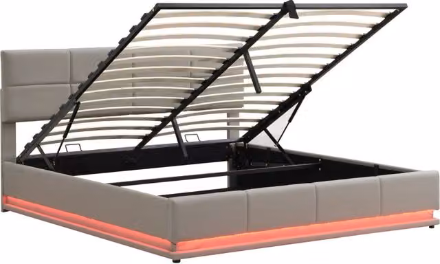 Letto contenitore matrimoniale moderno in pelle PU grigio cemento con illuminazione LED e testiera regolabile L/P: 180 x 200 cm