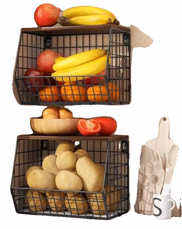 Cesto portaoggetti da parete, in filo metallico, design impilabile, dimensioni 38 cm x 25 cm x 13 cm, ideale per l'organizzazione della cucina, utilizzo versatile