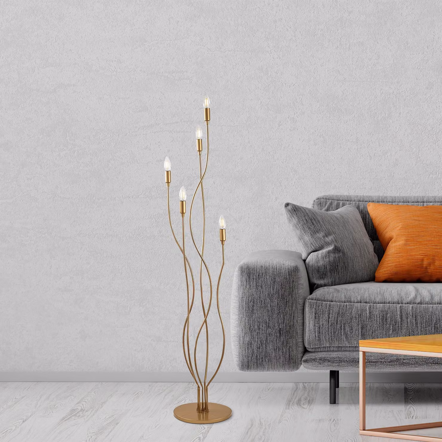 Opviq, lampada da terra di alta qualità, oro, 35 x 35 x 155 cm | Struttura in metallo, 5 attacchi E14, max 40 W | Design elegante per interni moderni e hotel, IP20, cavo da 200 cm.