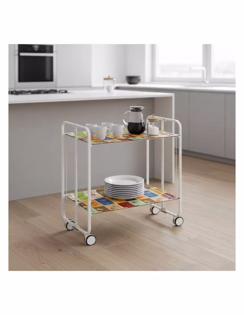 Carrello da cucina pieghevole DON HIERRO con ruote e struttura in metallo bianco, design moderno e superficie lucida, L/P/H: 66 x 43 x 72 cm – 2