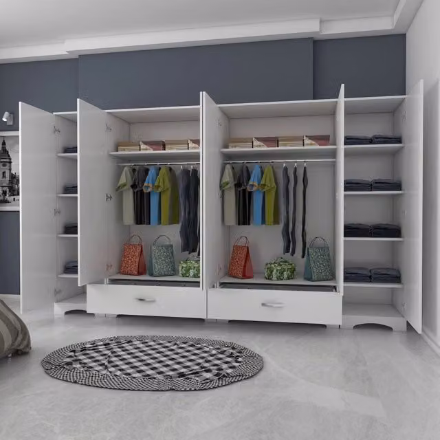 Armadio da camera da letto DMORA con ante scorrevoli e cassetti integrati, Bianco opaco, L: 243 cm, H: 181 cm