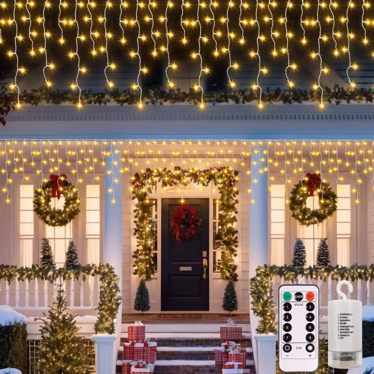 Catena luminosa a LED Eispegel, lunghezza 6 metri, 300 LED bianco caldo, con telecomando, 8 modalità, grado di protezione IP54