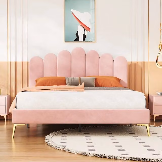 Letto imbottito matrimoniale ¨C Minimal ¨C Rosa velluto 140x200 cm con testiera e rete a doghe