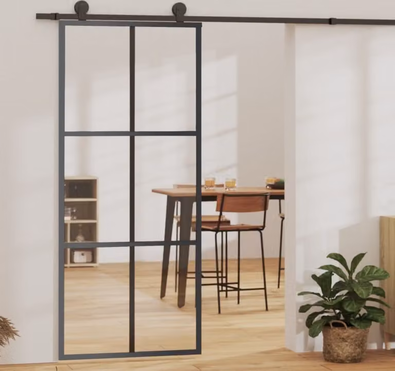 The Living Store Porta scorrevole ESG in vetro e alluminio 90x205 cm Nero
