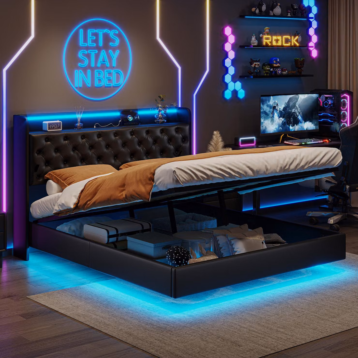 ProximaX Letto matrimoniale flottante inPoliuretano160x200 cm con illuminazione a LED, connessione USB e funzione di memorizzazione della pressione del gas - nero, testata con contenitore