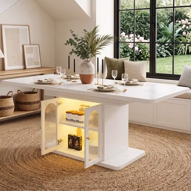 Tavolo da pranzo allungabile 150/200x80 cm, stile scandinavo, bianco e marmo, piano spesso con LED, vano portaoggetti, per 6-8 persone