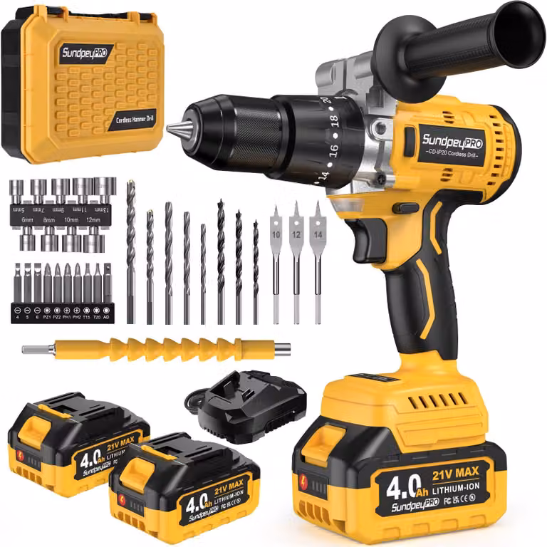 Trapano avvitatore a batteria brushless - 21 V - Coppia 120 Nm - 2 batterie da 4,0 Ah - Trapano a percussione - Metallo - Giallo