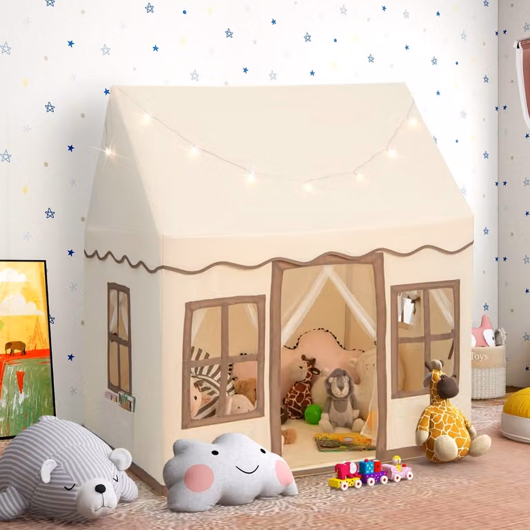 Costway Tenda da gioco per bambini con luci a stella e tappetino in velluto lavabile, Casetta per interni ed esterni Marrone e Beige
