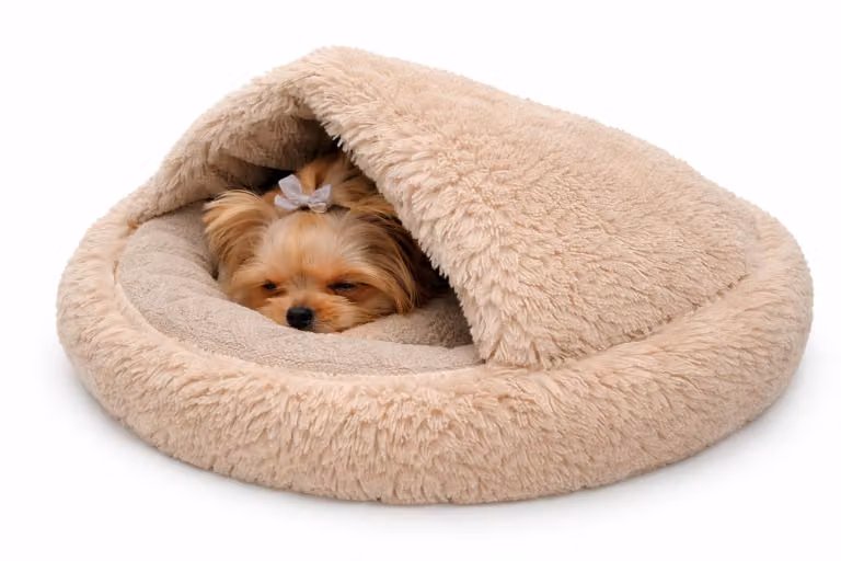 ODOL-PLUSZ Lettino rotondo per cani e gatti 60 cm, beige, bouclé shaggy, design a sacco a pelo, lettino a forma di tana caldo, fondo antiscivolo, lavabile in lavatrice