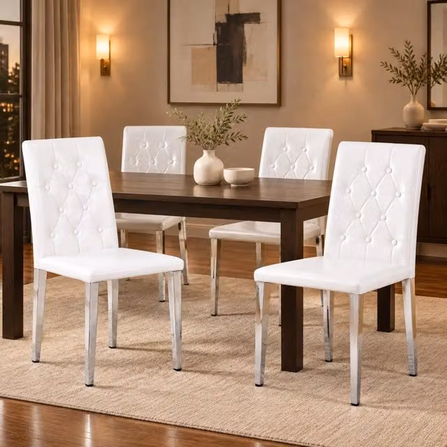 Set di 4 sedie da pranzo MIVRAY in similpelle bianca con gambe in metallo argento e schienale trapuntato – 1