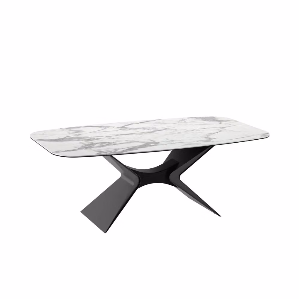 Tavolo da pranzo fisso Halo Duzzle in ceramica e vetro effetto marmo bianco, design moderno rettangolare per 8 persone, L: 220 cm, P: 110 cm – 2
