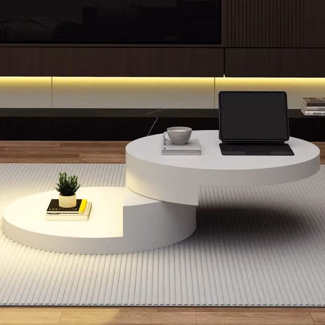 Tavolino basso MIVRAY bianco con piano girevole a 360 gradi e illuminazione LED in MDF, Diametro: 70 cm, Altezza: 35.5 cm