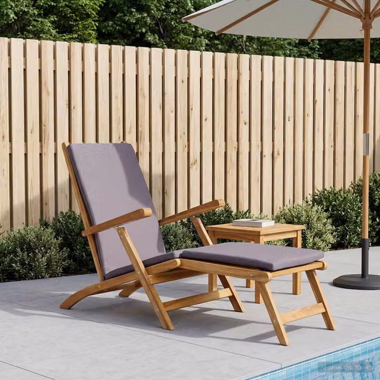 Sedia a sdraio pieghevole vidaXL in legno di teak con cuscino impermeabile Grigio e Marrone