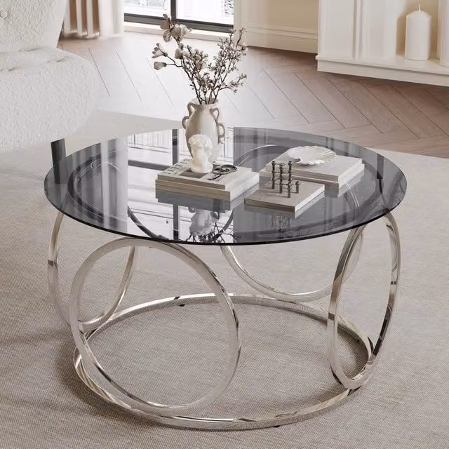 Tavolo Rotondo Moderno Minimal con Piano in Vetro Temperato Grigio e Telaio in Metallo Argento, Diametro: 80 cm – 1