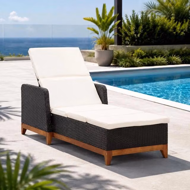 Sun Lounger Made Of Poly Rattan And Solid Acacia Wood, Black