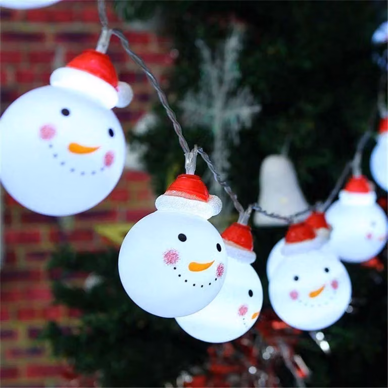 Catena luminosa a forma di pupazzo di neve, lunghezza 1,95 metri, 10 LED, alimentata a batteria, luce bianco caldo