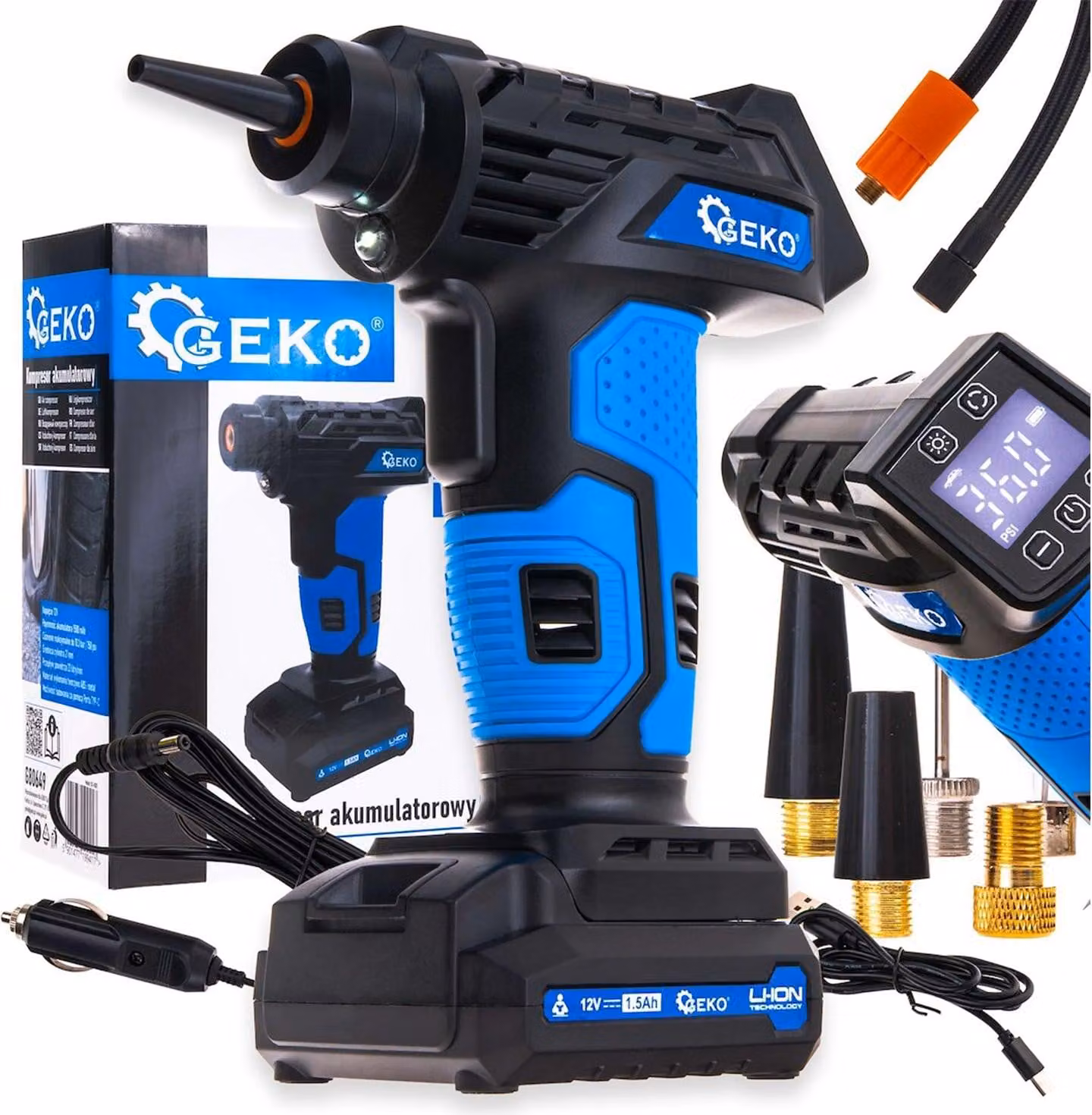 Compressore aria portatile senza fili, gonfiatore pneumatici per auto, moto e bicicletta con manometro LCD, luce LED, batteria 12V ricaricabile Geko