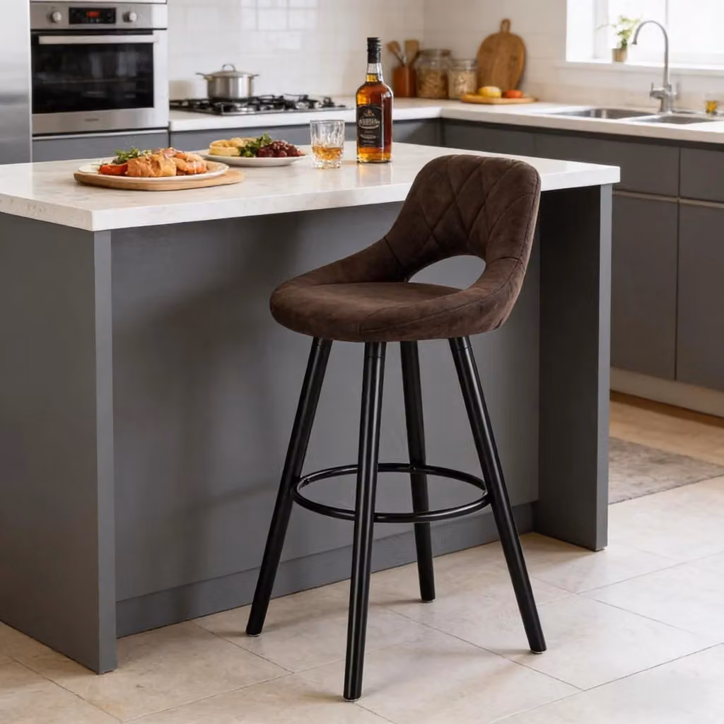 Sgabello da bar moderno WISHDOR in tessuto e legno massello, colore marrone scuro, con schienale, altezza seduta: 68 cm – 2