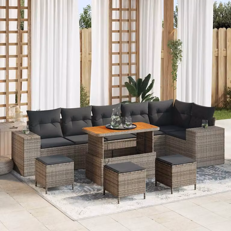 Set Divano da Giardino vidaXL a Forma a U in Polyrattan Grigio con 10 Pezzi, Tavolino, Ottoman e Cuscini inclusi