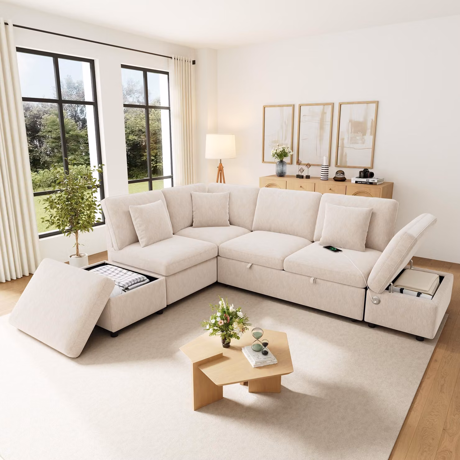 Divano angolare a forma di L MODFU, divano modulare, divano relax con spazio contenitivo, porta USB/Type-C e poggiapiedi mobile, divano in velluto a 6 posti, color beige, dimensioni 247,5 x 172 x 87 cm