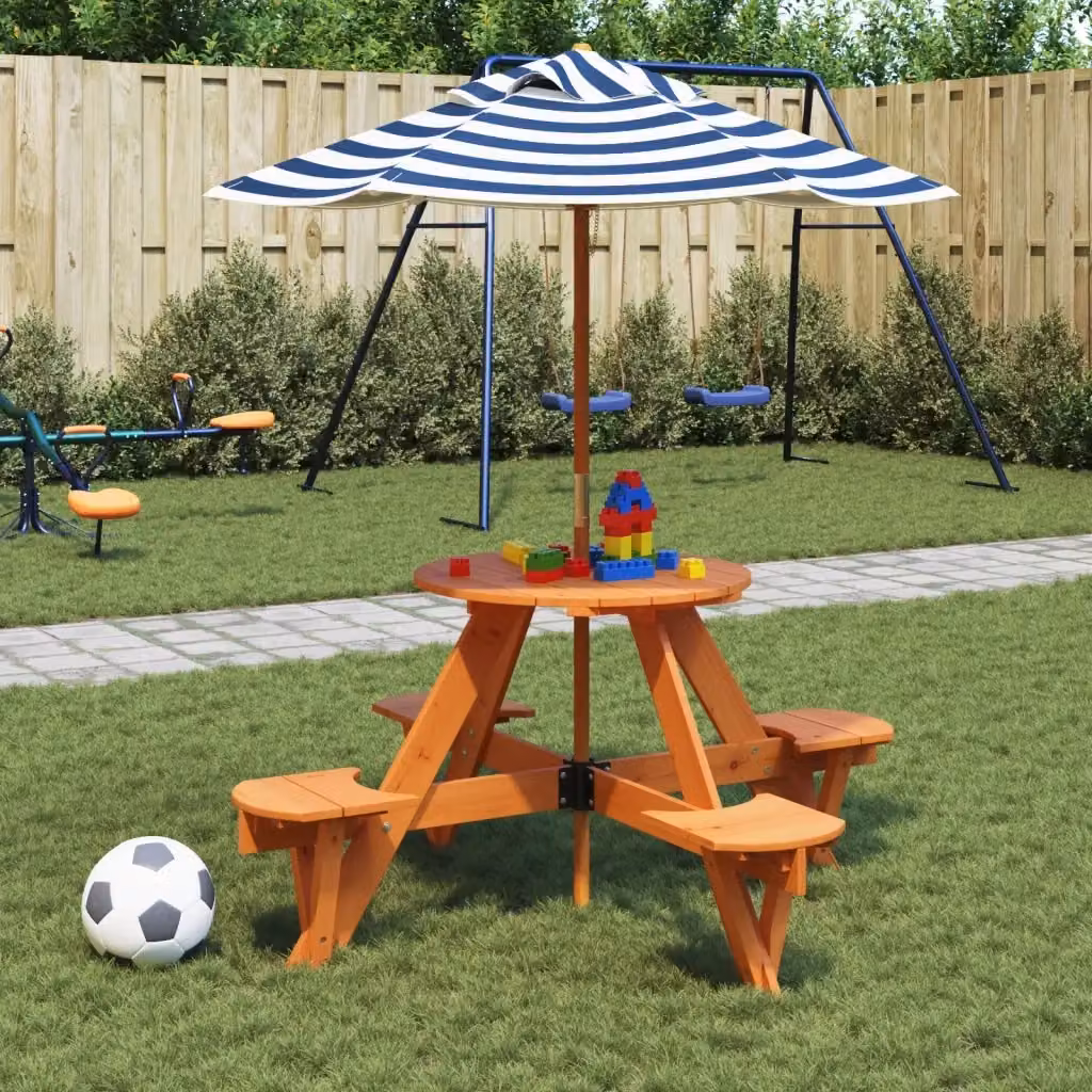 Tavolo Picnic per 4 Bambini con Ombrellone Rotondo in Legno di Abete per Giardino e Cameretta L: 120 cm, P: 80 cm, H: 60 cm – 2