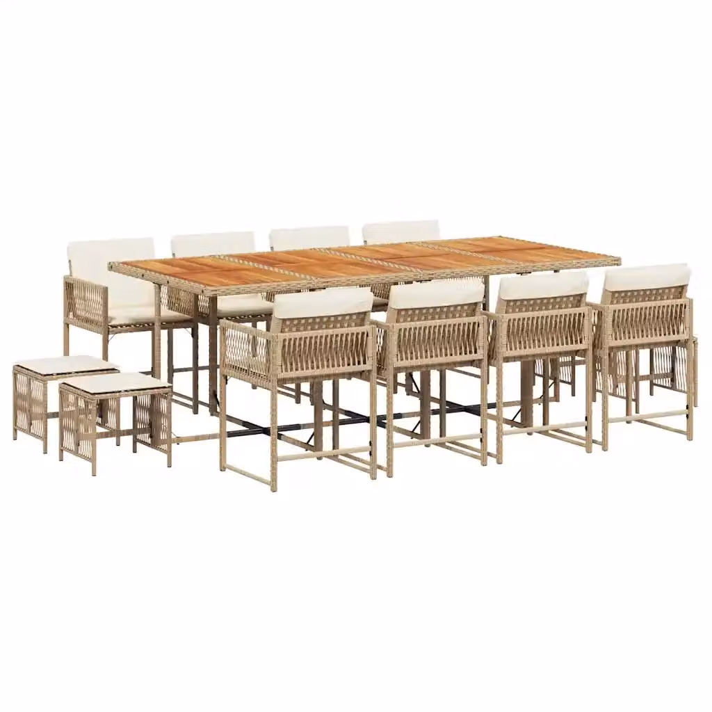 Set da pranzo da giardino vidaXL in polyrattan con cuscini beige e tavolo in legno di acacia, 13 pezzi – 2