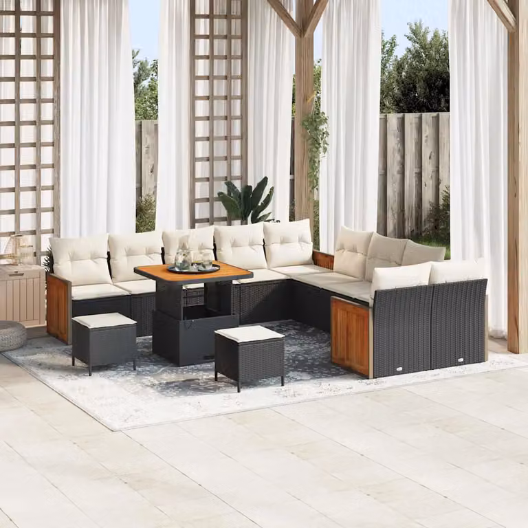 Set Divano da Giardino vidaXL 17 Pezzi Moderno con Cuscini Nero e Beige