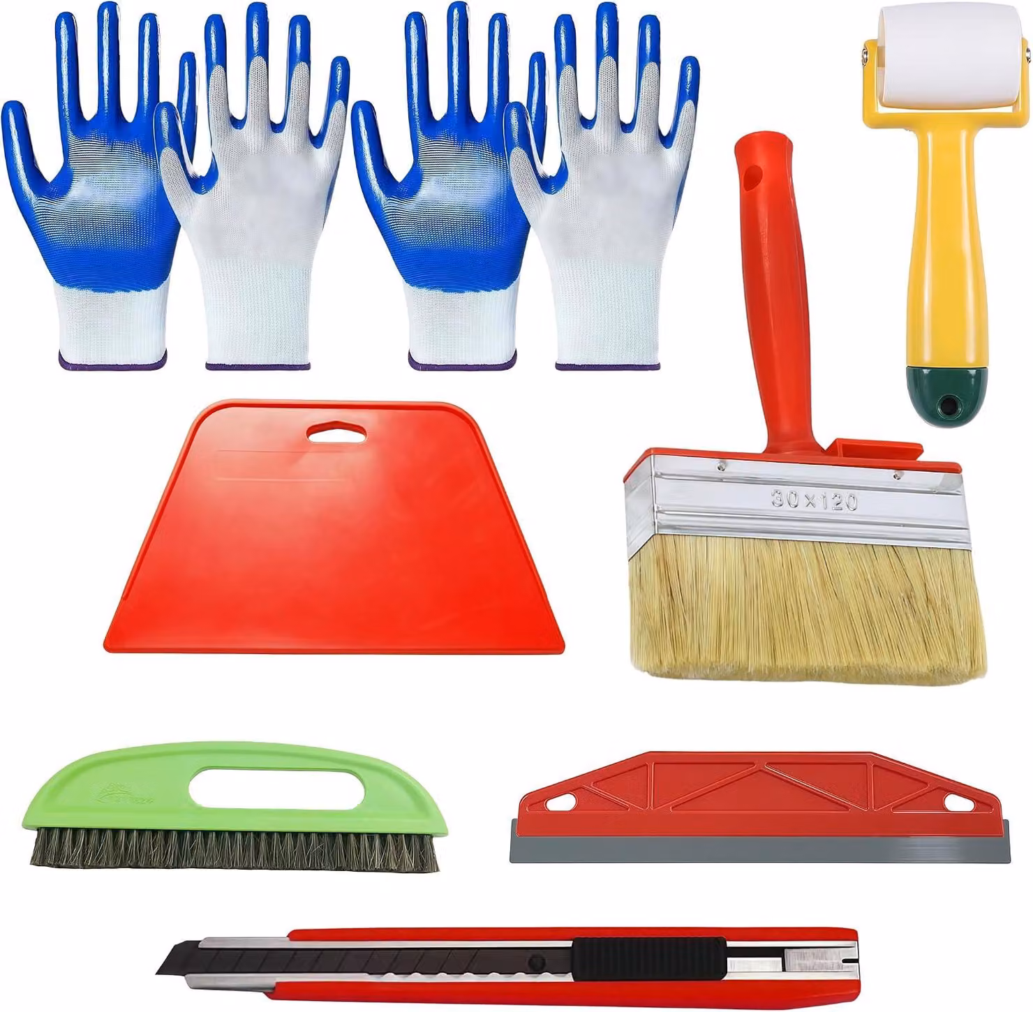 Set di strumenti per la posa della carta da parati, completo di spatola, coltello, rullo pressore, pennello, guanti, composto da 7 pezzi, ideale per