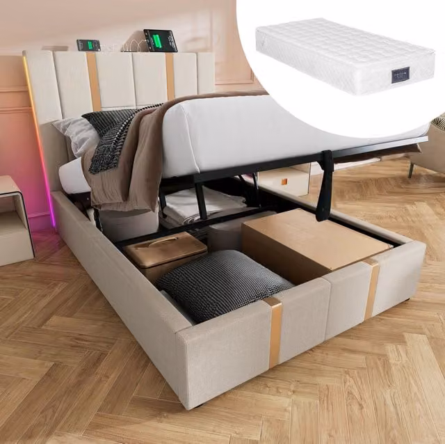 Letto imbottito con contenitore 90x200 cm; LED RGB; USB e Type-C; beige in lino