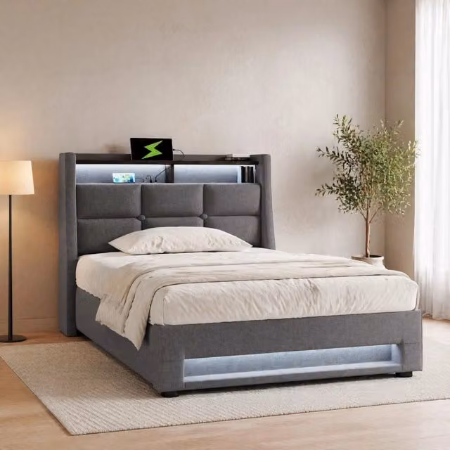 Letto contenitore 90 × 200 cm con LED e porta USB testiera imbottita rivestita in lino grigio con rete a doghe in legno