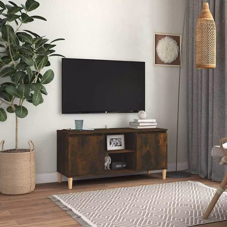 Mobile TV vidaXL in stile scandinavo con gambe in legno massello rovere fumo, marrone, L 103,5 cm x P 35 cm x H 50 cm