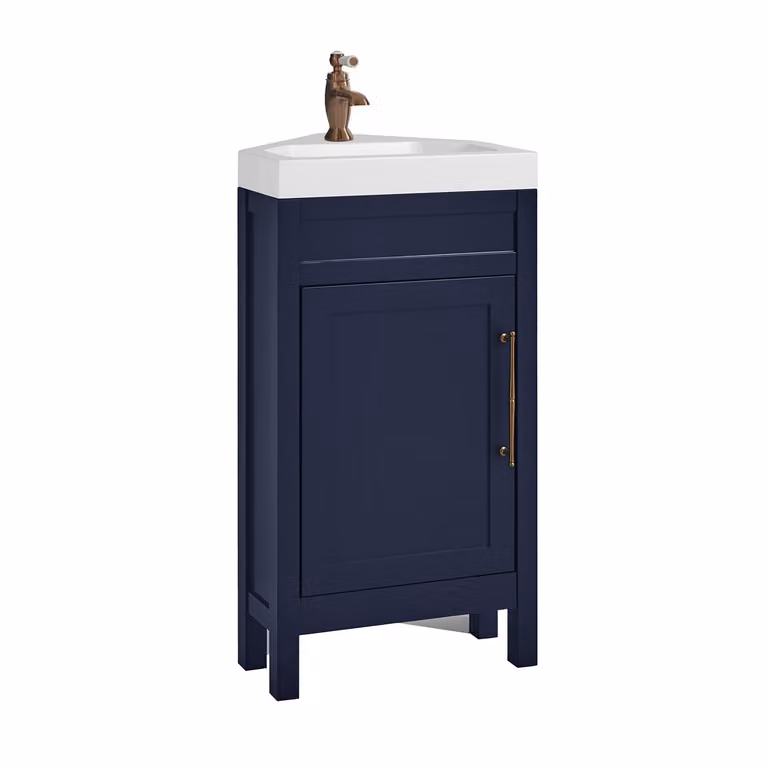 Mobile Bagno Angolare Blu Marino da 450mm con Lavabo e Maniglia Classica con Barra a T in in Rame Satinato - Warwick