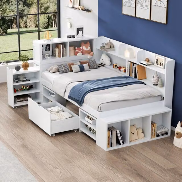 Letto singolo per bambini 90x200 - Xylo - Bianco con cassetti e scaffale