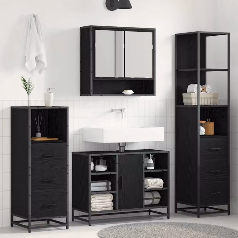 Set di mobili per il bagno moderno vidaXL 4 pezzi in legno e metallo nero opaco con armadietto a specchio, mobile lavabo, mobile laterale e colonna alta L/P/H: 80 x 33 x 166 cm