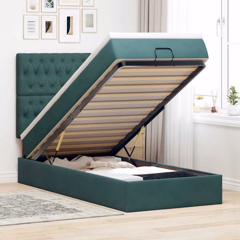 Letto con Pouf e Materasso vidaXL in Velluto Verde e Bianco, con Base a Sollevamento, Illuminazione Sotto il Letto e Porte USB, L/P/H: 190 x 90 x 128 cm