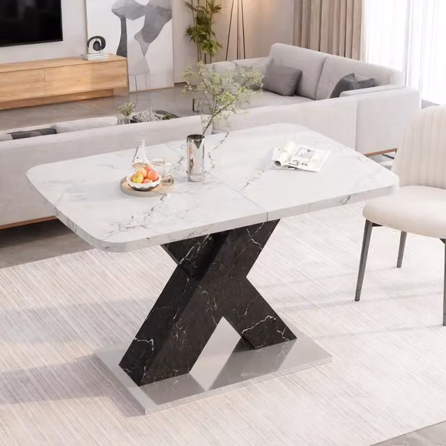 Tavolo da pranzo 120-160x80x76.5 cm allungabile con piano effetto marmo e struttura a X in MDF e acciaio bianco e nero