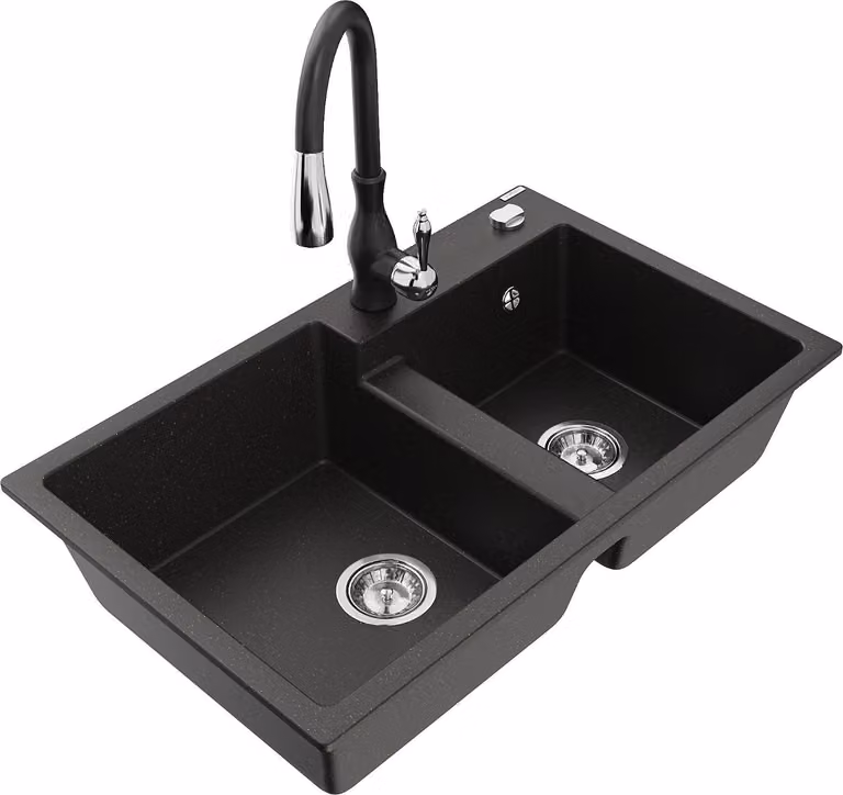 Mexen Tomas lavello da cucina in granito a 2 vasche con miscelatore Savita, nero/oro metallizzato - 6516-75-672601-70