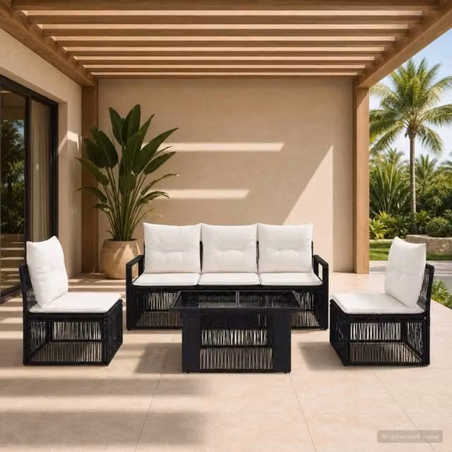 Set Divano da Giardino 6 pz Nero e Bianco Crema polyrattan 3437074